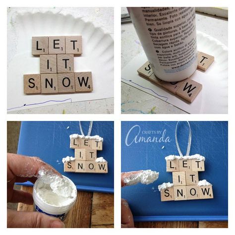 Make a "Let It Snow" scrabble tile ornament from scrabble tiles and snow texture paint! So easy to make, you will need a paper plate and some felt too, great to give as gifts! A fun Christmas ornament project for kids and adults. Scrabble Christmas Ornaments, Scrabble Christmas, Scrabble Letter Crafts, Scrabble Ornaments, Scrabble Tile Crafts, Scrabble Crafts, Snow Texture, Diy Christmas Ornaments Easy, Christmas Crafts For Adults