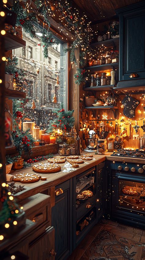 Step into a cozy Christmas kitchen where the sweet aroma of gingerbread fills the air 🍪✨. The warm glow of twinkling fairy lights and rich evergreen garlands set the perfect holiday mood. Baking memories framed by snowy windows and rustic wooden shelves create a magical festive ambiance. 🎄🕯️ #christmas #kitchen #baking #cozy #holiday #gingerbread #festive #decor #warmth #magic Christmas Magic Aesthetic, Christmas Cooking Aesthetic, Christmas Bakery Shop, Bakery Wallpaper, Cozy Christmas Kitchen, Christmas Winter Aesthetic, Cozy Christmas Home, Rustic Wooden Shelves, Christmas Dreaming