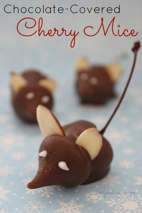 Easy Holiday Candy Recipe Chocolate Covered Cherry Mice Cherry Mice, Chocolate Mice, Cherry Christmas, Holiday Candy Recipes, Chocolate Candy Recipes, Christmas Mice, Chocolate Covered Cherries, Christmas Candy Recipes, Oreo Dessert