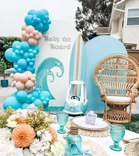 Baby On Board Decorations, Baby On Board Girl Baby Shower Ideas, Baby On Board Shower Theme, Ocean Themed Baby Shower Ideas, Surfer Baby Shower Ideas, Baby Shower Surf Theme, Surfing Baby Shower Ideas, Baby On Board Baby Shower Ideas, Baby On Board Surf Theme