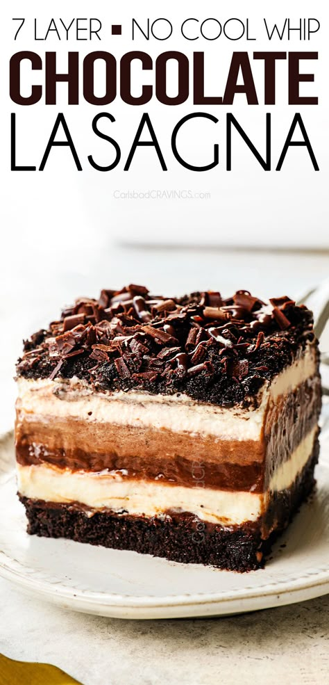 Chocolate Lasagna Trifle, Choc Lasagna Dessert Recipes, Baileys Chocolate Lasagna, Desserts Lasagna, 7 Layer Chocolate Dessert, Desert Lasagna, Chocolate Lasagna Recipe Oreo, Chocolate Lasagna Recipe Easy, Jello Lasagna