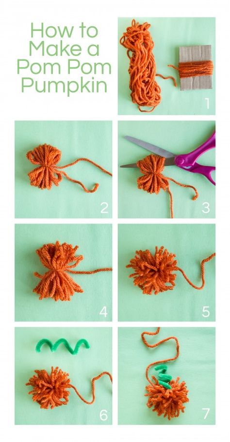 Pom Pom Pumpkin Instructions Pom Pom Pumpkins, Thanksgiving Crafts Easy, Pumpkin Crafts For Kids, Halloween Yarn, Easy Fall Crafts, How To Make A Pom Pom, Adornos Halloween, Autumn Activities For Kids, Fall And Halloween