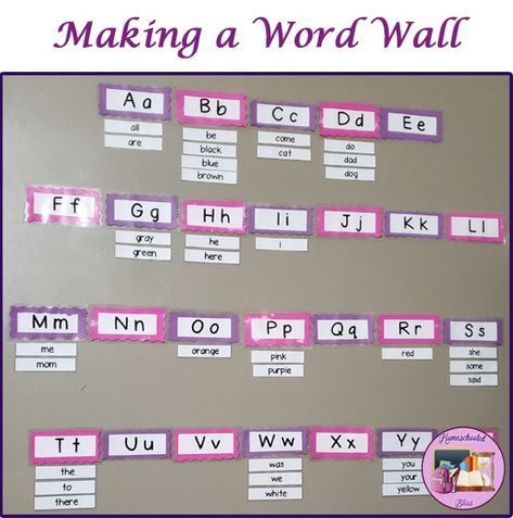 Sight Word Wall At Home, Flashcard Ideas, Word Wall Kindergarten, Sight Word Wall, Home Kindergarten, Teacher Fonts, Pink And Purple Background, Sound Wall, Study Corner