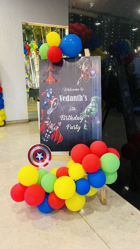 Avengers-themed welcome board with superhero graphics. Birthday Welcome Board Entrance, Welcome Board For Birthday Party, Birthday Entrance Decor, Avengers Balloons, Avengers Theme Birthday Party, Avengers Birthday Party Ideas, Avengers Theme Birthday, Avengers Birthday Party, Son Birthday