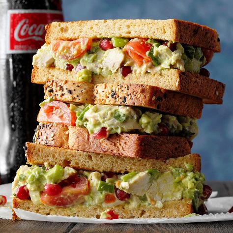 Avocado Chicken Salad Guacamole Chicken Salad, Guacamole Chicken, Chicken Salad Sandwiches, Afternoon Lunch, Chicken Lickin, Avocado Blt, Yummy Sandwiches, Chicken Salad Sandwich Recipe, Avocado Tuna Salad