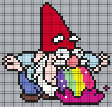 Rainbow Puking Gnome From Gravity Falls (Square) Perler Bead Pattern / Bead Sprite Minecraft Gravity Falls, Gravity Falls Cross Stitch, Minecraft Cross Stitch Pattern, Gnome Pixel Art, Gnome Perler Bead Patterns, Gravity Falls Crochet, Kandi Perler Pattern, Gravity Falls Perler Beads, Pixel Art Rainbow