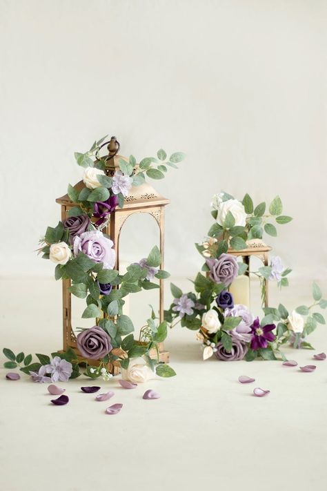 Lings Moment Lilac And Gold, Altar Flowers For Wedding, Lilac And Gold Centerpieces, Sweet 16 Party Ideas Lavender And Gold, Purple Lantern Centerpieces, Sage And Purple Wedding Decor, Lavender And Gold Centerpieces, Lilac Sage And Gold Wedding, Lilac Themed Wedding Table Settings