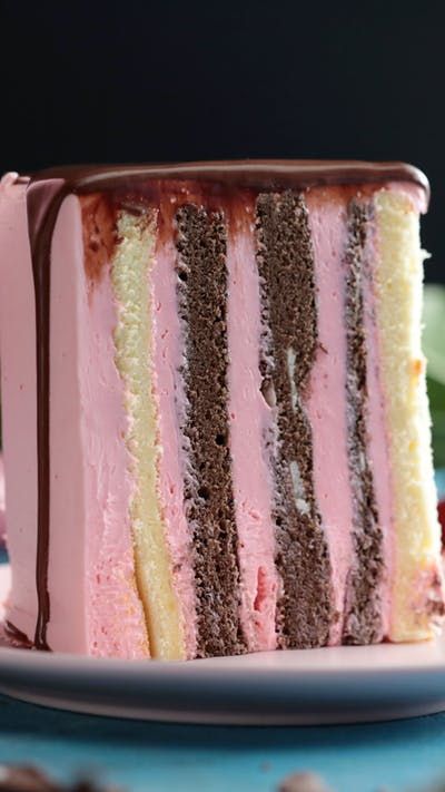 Recipe with video instructions: We're on a roll with this Neapolitan vertical roll cake. Ingredients: For the vanilla sponge cake:, 8 eggs, divided, at room temperature, 11 tablespoons caster... Vertical Cake, Neapolitan Cake, Strawberry Icing, Chocolate Sponge Cake, Vanilla Sponge Cake, Chocolate Sponge, Pink Foods, Roll Cake, Cake Roll