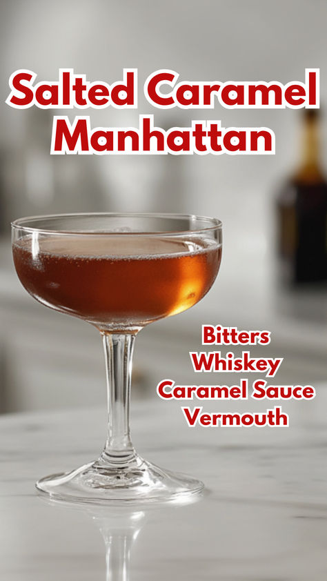 Salted Caramel Manhattan Caramel Whiskey Drink Recipes, Bourbon Manhattan Recipe, Fall Whiskey Cocktails, Caramel Cocktail, Vermouth Cocktails, Manhattan Cocktail Recipe, Cocktail Cards, Vermouth Cocktail, Orange Bitters