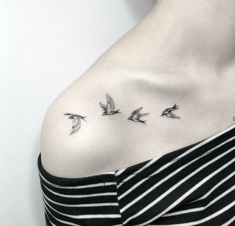 Small Detailed Bird Tattoo, Birds Ribcage Tattoo, Collarbone Bird Tattoo, Birds On Collar Bone Tattoo, Bird Collarbone Tattoo, Bird Shoulder Tattoos For Women, Tattoo Clavicle Women, Flying Bird Tattoos For Women, Small Birds Flying Tattoo