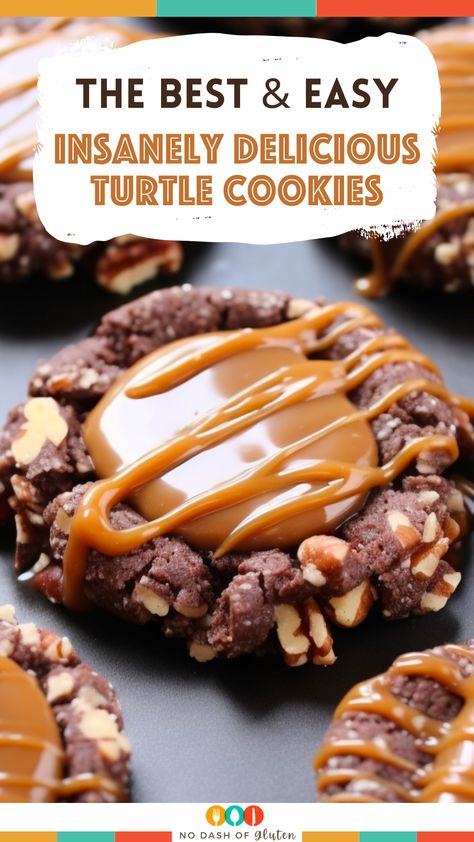 Crumble Turtle Cookies, Triple Chocolate Turtle Cookies, Mince Meat Cookies, Chocolate Turtle Cookies Recipe, Turtle Brownie Cookies, Gluten Free Turtle Cookies, Best Chocolate Christmas Cookies, Carmel Turtles Pecan Cookies, Pecan Turtle Delight Cookies