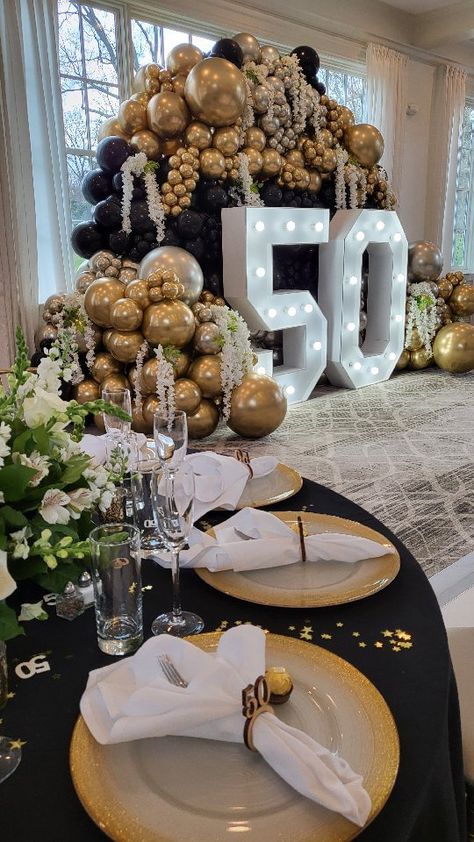 50 Celebration Ideas, 50th Anniversary Decor Ideas, Center Pieces For 50 Birthday, 50th Wedding Anniversary Balloon Ideas, 50th Birthday Set Up, Formal 70th Birthday Party Ideas, Classy 50th Birthday Decorations, 50th Anniversary Balloons, 50th Anniversary Balloon Arch