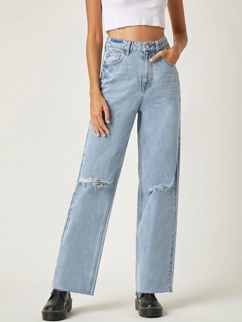 Free Returns ✓ Free Shipping On Orders $49+ ✓. Stone Wash Boyfriend Jeans- Jeans at SHEIN. Mom Ripped Jeans, Boyfriend Fit Jeans, Distressed Boyfriend Jeans, Striped Jeans, Boys Jeans, Jeans Color, Blue Denim Jeans, Cut Jeans, Colored Jeans