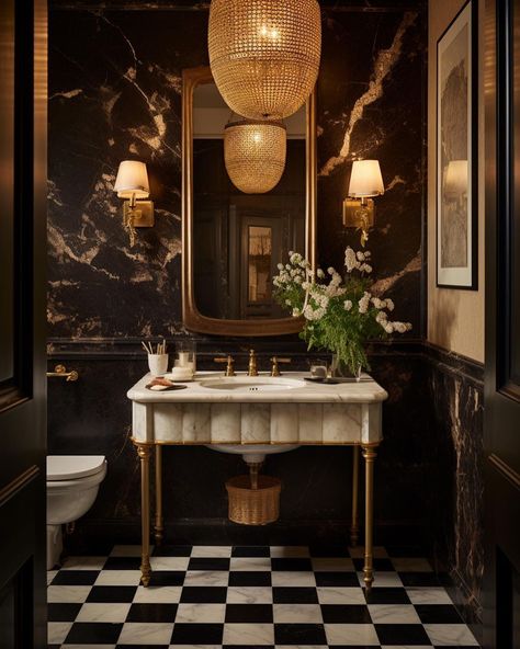 Boujee Interior Design, Bathroom Eccentric, Old Money Aesthetic Interior Design, Powder Room Checkered Floor, Small Master Bath Vanity Ideas, Lux Bathroom Ideas, Brewery Bathroom, Boujee Bathroom, Moody Vintage Bathroom