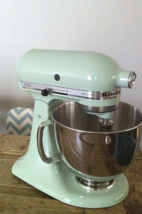 Pistachio KitchenAid Pistachio Kitchenaid, Ivar Regal, Baking Center, Fixer Upper Joanna Gaines, Blue Mittens, Hoosier Cabinets, Vintage Inspired Kitchen, Floor Renovation, Craftsman Kitchen