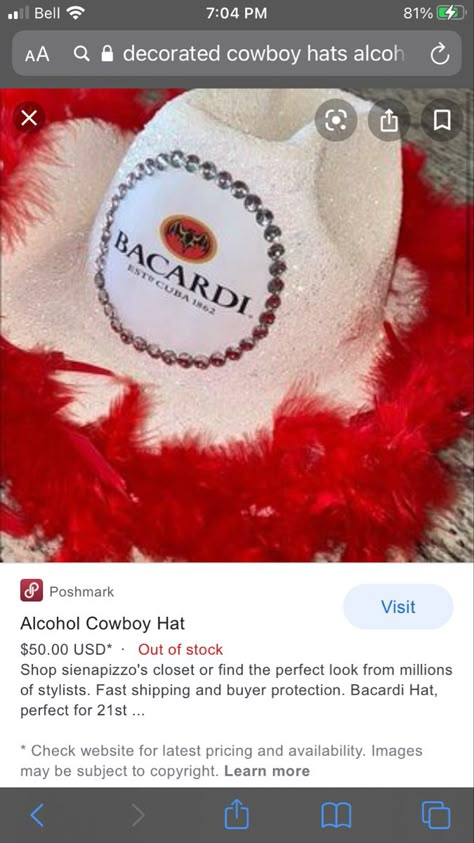 Bacardi Cowboy Hat, Alcohol Hats, Homecoming Dress Up Days, Cowboy Hat Ideas, 26th Birthday Ideas, Bach Party Outfits, 21st Birthday Diy, College Halloween Costumes, Cowboy Hut