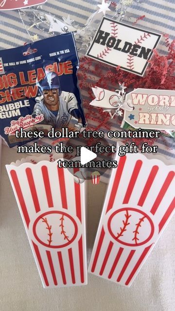 Andrea Clawson on Instagram: "DollarTree find: popcorn container 🍿 transformed into the cutest gift container for baseball teammates ⚾️ 

I see these popcorn containers all the time at DollarTree and this time I knew I could transform them into the cutest container for baseball gifts. 

They are so cute use for a baseball themed birthday too, perfect for party favors! 

What I did:
1. I used nail polish remover (100% acetone) to remove the words in the middle 
2. I added baseball seams using a red paint marker
3. I added big league chew + World Series ring (pops) + a personalized baseball bag tag 

Comment “link” for free printables 

Save for inspo + share with baseball moms + follow for more easy ideas for busy moms

#dollartreefinds #dollartreediy  #giftideas #craftymom #craftymama #do End Of Season Baseball Gifts For Players Diy, Surprise Baseball Tickets Gift Ideas, End Of The Year Baseball Team Gifts, Tee Ball Gifts For Players, Baseball Coach Gift Ideas Diy, End Of Season Baseball Gifts For Players, Baseball Ticket Gift, Baseball Gift Basket, Baseball Team Gifts