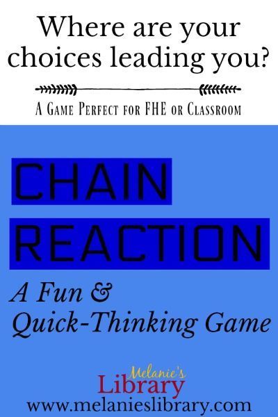 Chain Reaction is a game inspired by the popular TV game show Chain Reaction. The analogy being, we are faced with many choices in life, where are your choices leading you? Great for FHE, Sunday School, Young Womens and Relief Society. Chain Reaction Game, Sunday School Games For Teens, Sunday School Lessons For Teens, Teen Sunday School Lessons, Lds Sunday School, Youth Sunday School Lessons, Tv Game Show, Youth Lessons, Sunday School Games