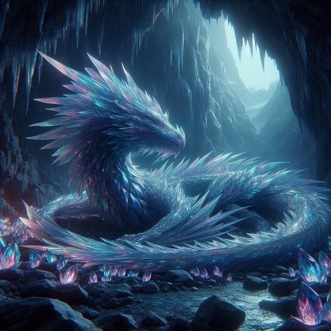 In a hidden cavern deep within the mountains, a crystal dragon slumbers. Its scales shimmer with iridescent hues, and its breath weaves spells into the air.🐉🔮 Dragon In Cave, Cave Creatures, Prismatic Dragon, White Dragon Dnd, Gem Dragon, Opal Dragon, Crystal Dragon Art, Dragon Cave, Crystal Mountain