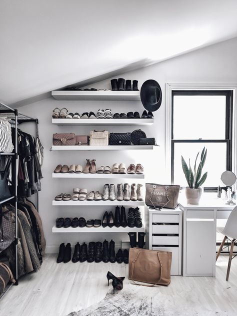 White Wall Shelves, Shoe Room, White Bookshelves, Shoe Wall, Closet Renovation, Diy Shoe, Shoe Shelves, Disney Home Decor, Glam Room