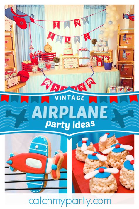 Airplane Two Year Old Birthday, Airplane One Year Old Birthday, Time Flys 1st Birthday Party, Time Flies Birthday Party, Airplane Party Food, Vintage Airplane First Birthday Party, Vintage Plane Birthday Party, Airplane Themed Birthday Party, Airplane Birthday Theme