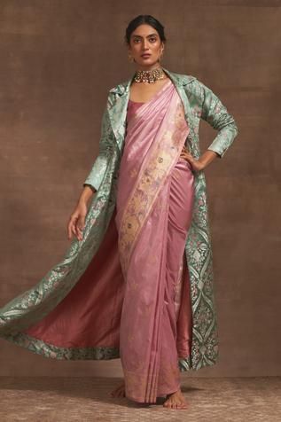 Chumbak Banarasi Handloom Jacket Banarasi Jacket Suit, Embroidered Banarasi Silk Shawl In Traditional Drape, Semi-stitched Banarasi Silk Fabric For Traditional Drape, Banarasi Jacket, Brocade Long Jackets Indian, Kiran Uttam Ghosh, Luxury Green Banarasi Silk Pre-draped Saree, Saree Jackets, Nehru Jackets