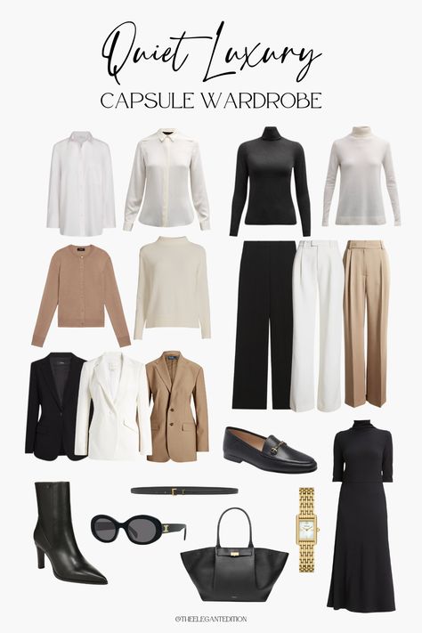 Quiet luxury meets timeless style. 🖤 These neutral wardrobe essentials elevate your look effortlessly. Click to shop now! #QuietLuxury #CapsuleWardrobe #MinimalistStyle #TimelessFashion #ChicEssentials Audrey Hepburn Capsule Wardrobe, Quiet Luxury Capsule Wardrobe, Corporate Capsule Wardrobe, Elegant Capsule Wardrobe, Luxury Capsule Wardrobe, Time Capsule Wardrobe, Business Capsule Wardrobe, Quiet Luxury Fashion, Minimalist Essentials