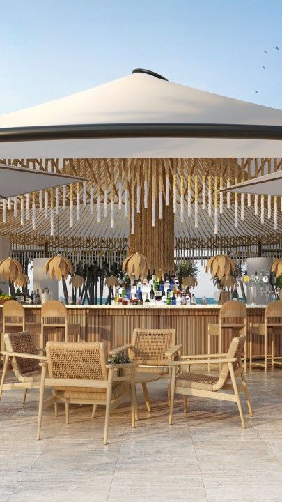 Beach Cabana Design, Crush Coffee, Cafe Stand, Bar Facade, Beach Restaurant Design, Fun Restaurant, Cabana Design, Tree Bar, Boho Bar