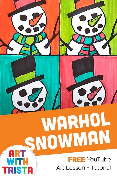 Picasso Snowman Art Lesson, Andy Warhol Christmas Art, Art Projects Based On Famous Artists, Andy Warhol Art Project, Middle School Art Projects Christmas, 1st Grade Christmas Art Lesson, Winter Art 1st Grade, Winter Art For Middle School, Snowmen Art Projects For Kids