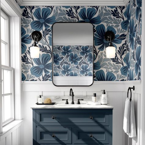 Blue Wallpaper Bathroom Accent Walls, Navy Home Aesthetic, Navy Bathroom With Wallpaper, Powder Room Blue Wallpaper, Blue Wallpaper Interior Design, Navy And White Bathroom Ideas, Navy Wallpaper Bathroom, Blue And White Peel And Stick Wallpaper, Blue And White Wallpaper Bathroom