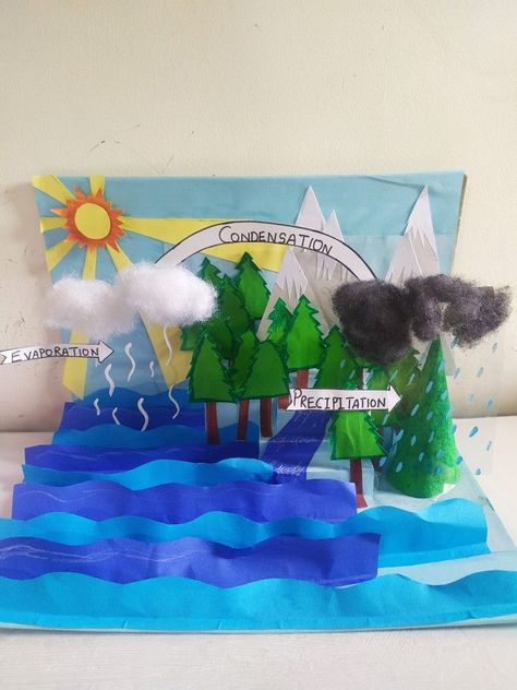 A creative way to display water cycle with paper cutting Water Cycle Diorama Project, Water Cycle Model Projects, Water Cycle Project Models, Water Cycle Diorama, Water Cycle Foldable, Water Cycle Craft, Water Cycle Model, Water Cycle Project, Human Body Crafts