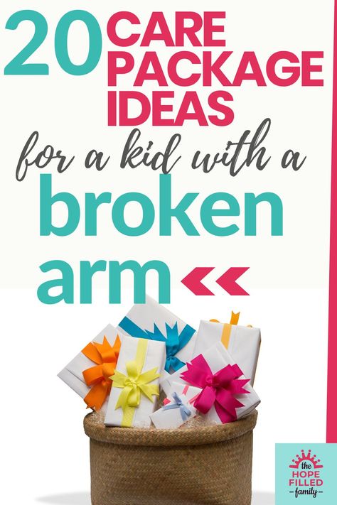 What can I buy for a child with a broken arm? Here are 20 ideas to go in your care package or gift basket, all of which make practical and fun gifts for a child or teenager. Care Basket For Kid With Broken Arm, Get Well Basket For Kids Broken Arm, Kids Get Well Basket, Kids Surgery, Broken Arm Gift, Get Well Soon Basket, Kids Care Package, Surgery Care Package, Post Surgery Gift