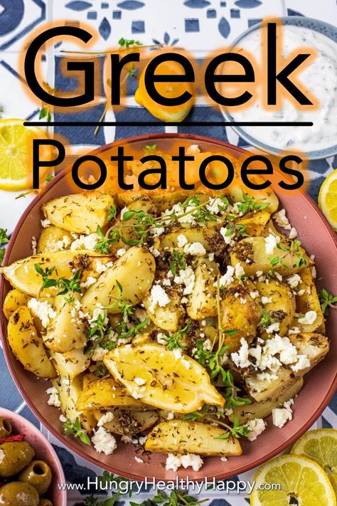 There are roast potatoes, and then there are roast Greek Potatoes. This recipe is next level. Delicious new potatoes coated in olive oil, lemon juice and greek herbs and baked to perfection before getting a sprinkling with feta and fresh thyme. This easy side dish is a perfect addition to any BBQ or picnic this summer.  #potatoes #sidedish #bbq #greekrecipe Crockpot Greek Potatoes, Greek Bbq Recipes, Greek Potatoes Recipe Air Fryer, Recipes With Fresh Thyme, Summer Potatoes, Greek Cheeses, New Potatoes Recipes, Greek Bbq, Greek Potatoes