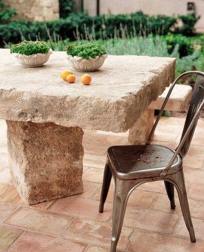 Wendi Young Design traditional Backyard Dining Table, Outdoor Furniture Ideas Backyards, Outdoor Stone, Stone Bench, Stone Dining Table, Provence Style, Concrete Table, Garden Seating, Garden Table