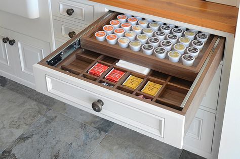 Wood Mode | Storage Deep Drawer Organization, Bar Renovation, Coffee Pods Drawer, Corner Drawers, Kitchen Renovation Inspiration, Coffee Pod Storage, Tea Organization, Home Bar Rooms, Corner Pantry