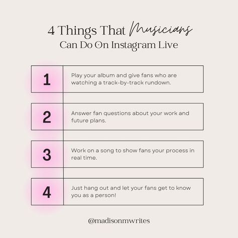 Artists, are you looking for a fun, easy way to promote your music this weekend? Try spending some time on Instagram Live with your fans! It's such a versatile way to connect with your followers in real time, and I have four ideas of ways you can spend that time. Save for your next IG Live and follow for more tips for musicians! 📹 Instagram For Musicians, Played Yourself, Future Plans, Instagram Live, Your Music, Real Time, Getting To Know, Lifestyle Blogger, Promotion