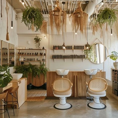 This image showcases the elegant interior of a contemporary salon where style meets sustainability. The space is adorned with natural wood finishes and green potted plants hanging from the ceiling, creating a refreshing atmosphere. Comfy salon chairs facing a large, round mirror await clients, while neatly arranged product shelves suggest a meticulous approach to beauty and care. This salon seems to be the perfect urban oasis for anyone seeking a tranquil beauty experience. Natural Store Interior Design, Hair Salon With Plants, Cozy Salon Ideas, Funky Salon Decor, Salon Esthetics, Earthy Salon Decor, In Home Salon Ideas Small Spaces, Earthy Salon, Boho Salon Suite