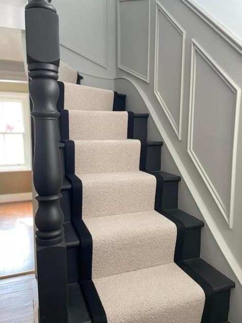 Black Painted Staircase With Runner, Black Steps With Runner, Dark Staircase With Runner, Dark Stair Runner, Black Painted Stairs With Runner, Stairs With Runner, Staircase Redo, Stair Landing Decor, Stairway Railing