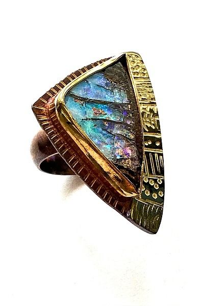 The Triangle Opal Ring by Julie Shaw (Gold, Silver & Stone Ring) Boulder Opal Jewelry, Rustic Ring, Unique Opal, Rustic Rings, Opal Ring Gold, Artful Home, The Triangle, Opal Ring, Boulder Opal