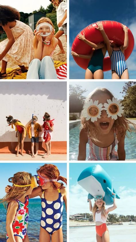 Summer Kid Photoshoots, Family Pool Photoshoot, Beach Fun Ideas For Kids, Summer Theme Photoshoot, Beach Kids Aesthetic, Kids Summer Photoshoot, Summer Editorial Photoshoot, Beach Day With Kids, Sunrise Poses