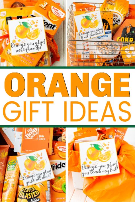 These orange you glad printable gift tags are so cute! Add them to some of the orange gift ideas for one of the best DIY thank you or holiday gift idea ever! Perfect for neighbor gifts, teacher gifts, or even a birthday gift for a friend! Orange You Glad Basket, Everything Orange Gift Basket, Orange Teacher Appreciation Gift Ideas, September Gifts For Coworkers, Orange Teacher Gift, Orange Color Gift Basket Ideas, Orange You Glad It’s Fall, Orange You Glad It’s Friday, Color Theme Party Basket Orange