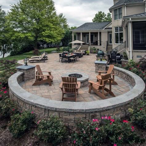 Top 60 Best Paver Patio Ideas - Backyard Dreamscape Designs Round Paver Patio With Fire Pit, Round Patio With Fire Pit, Circle Paver Patio With Fire Pit, Patio Circle Ideas, Rounded Patio Design, Half Circle Patio, Circle Patio Ideas, Round Patio Ideas, Round Paver Patio