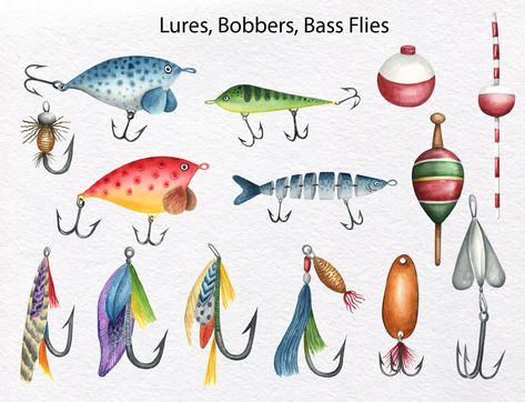 Watercolor Tools, Father's Day Illustration, Clothes Furniture, Fish Clipart, Watercolor Fish, Fishing Tools, Vintage Fishing, Going Fishing, Watercolor Cards