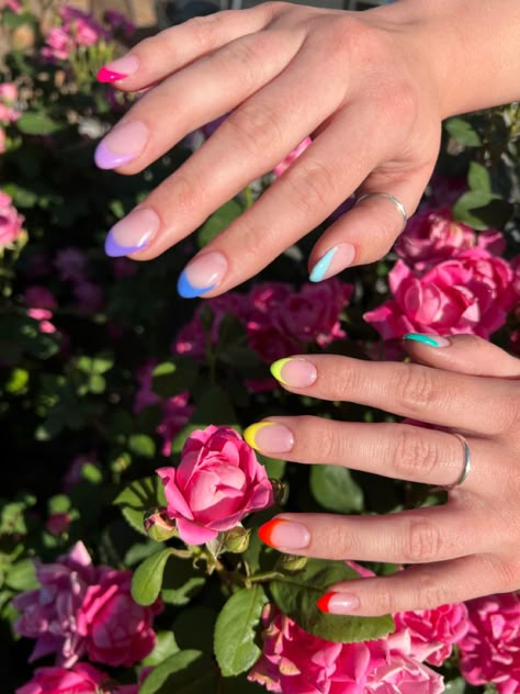 Skittle French Nails, Minimal Pride Nails, Vibrant French Tip Nails, Rainbow Wedding Nails, Multi Colored French Tip Nails Short, Minimalist Pride Nail Art, Pride Nails Aesthetic, Nail Inspo Pride, Short Pride Nail Ideas