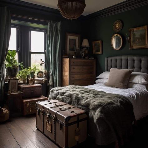 Things i like Cottage Core Dark Academia Bedroom, Dark Academia Room Green, Dark Academia Home Aesthetic, Medieval Bedroom Ideas, Dark Green Room Aesthetic, Dark Academia Room Inspo, Dark Academia Apartment, Dark Academia Aesthetic Bedroom, Dark Academia Room Aesthetic