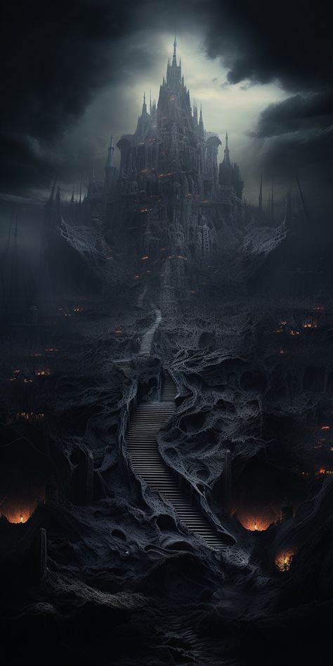 Demon Realm Landscape, Fantasy Dark Landscape, Dark Realm Fantasy Art, Dark Fantasy Core Aesthetic, Dark Fantasy Kingdom Aesthetic, Dark Kingdom Fantasy Art, Demonic Landscape, Dark Fantasy Setting, Dark Fantasy Inspiration