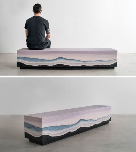 Designer Fernando Mastrangelo has created the Escape Collection, a group of modern furniture pieces, like this bench, that are made using hand-dyed sand and silica to create simple forms that look like a three-dimensional landscape painting. Fernando Mastrangelo, Bench Concrete, James Darcy, All Modern Furniture, Den Furniture, Basement Flooring Options, Landscape Sketch, Concrete Furniture, French Furniture