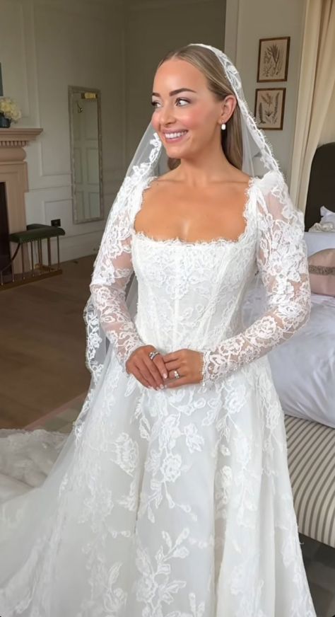 Simple Long Sleeve Lace Wedding Dress, Wedding Dress Princess With Sleeves, Wedding Dress Back Covered, Ashley Iaconetti Wedding, Beach Wedding Dress Long Sleeve, Wedding Dress For Tattooed Bride, Lace Trim Wedding Dress, Wedding Dresses For Sister Of Bride, Long Sleeve Lace Corset Wedding Dress