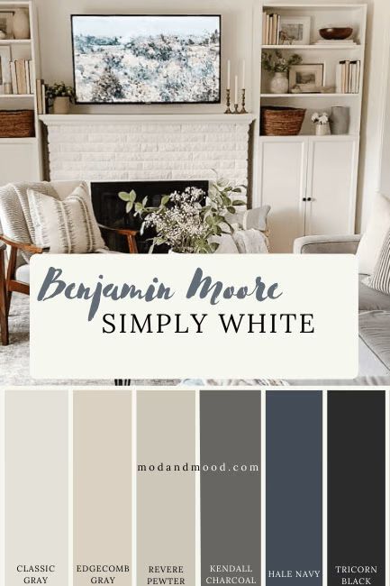 Simply White Color Scheme, Colors That Go With Simply White, Benjamin Moore Palette Color Combinations, Benjamin Moore Paint Schemes, Simply White Color Combinations, Bm Simply White Color Palette, Benjamin Moore Simply White Color Palette, Benjamin Moore Family Room Colors, Natural Cream And Simply White