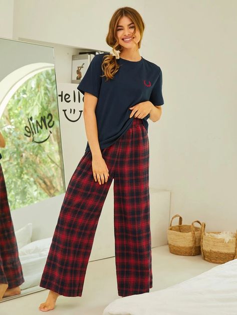 Antler Embroidery, Tartan Plaid Pants, Home Clothes Women, Aesthetic Plaid, Pajamas Aesthetic, Tartan Pants, Graphic Pant, Plaid Trousers, Pajama Outfits